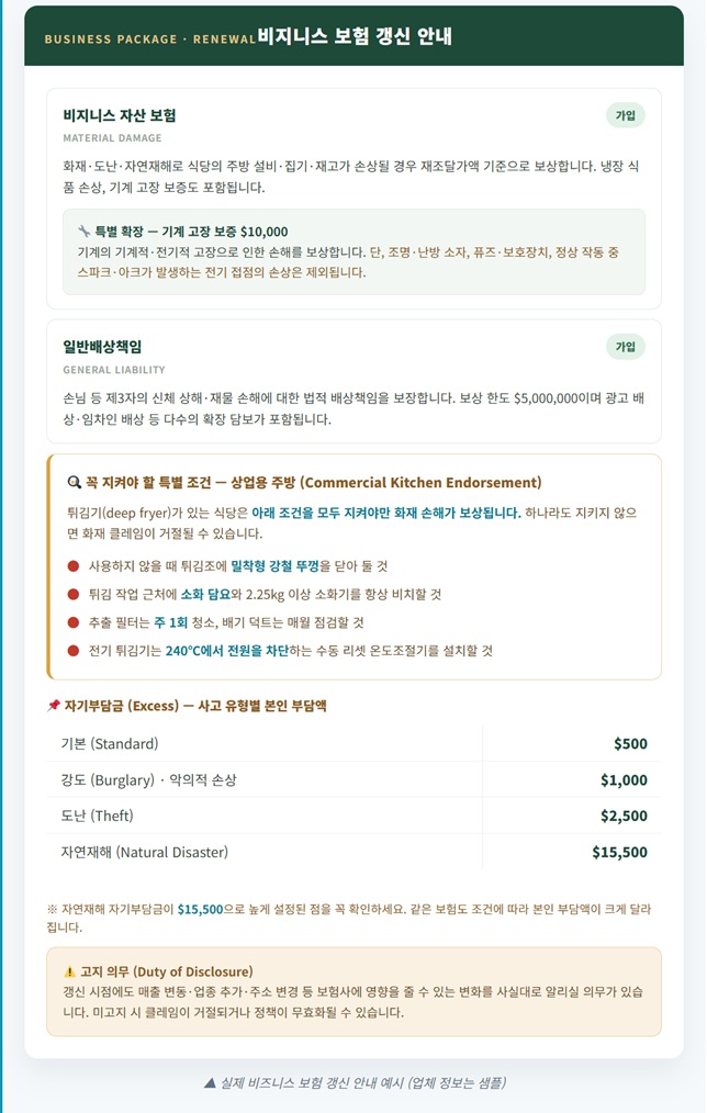 비즈니스 보험 갱신 한국어 안내 예시