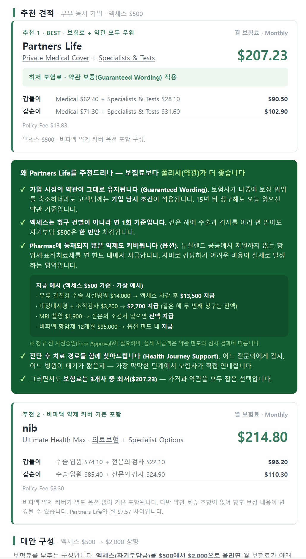 생명·의료 보험 견적서 한국어 안내 예시